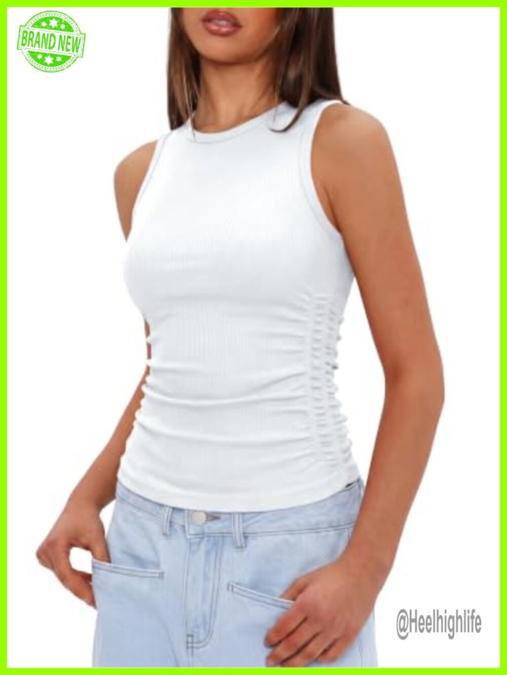 Ribbed Tank Top with Built-in Bra, High Neck, Ruched Side